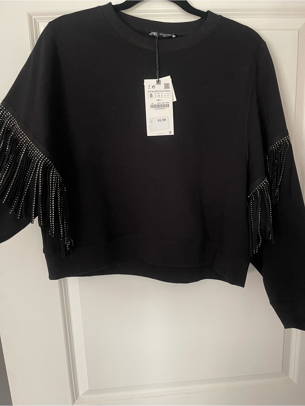Zara Black Crewneck Sweatshirt with fringes and rhinestones!